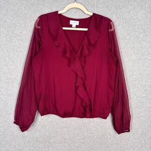 Burgundy Sheer Ruffle Crinkle Blouse Medium Whimsigoth Coquette Feminine Fairy